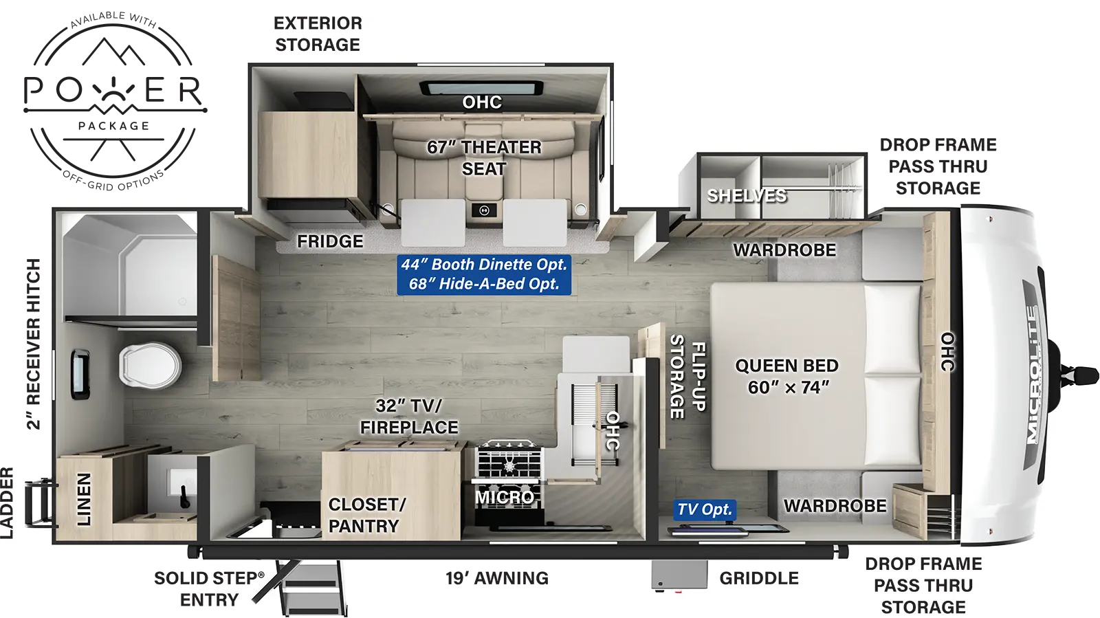 The Flagstaff Micro Lite 25FBLS floorplan has one entry and two slide outs. Exterior features include: fiberglass exterior and 19' awning. Interiors features include: front bedroom and rear bathroom.